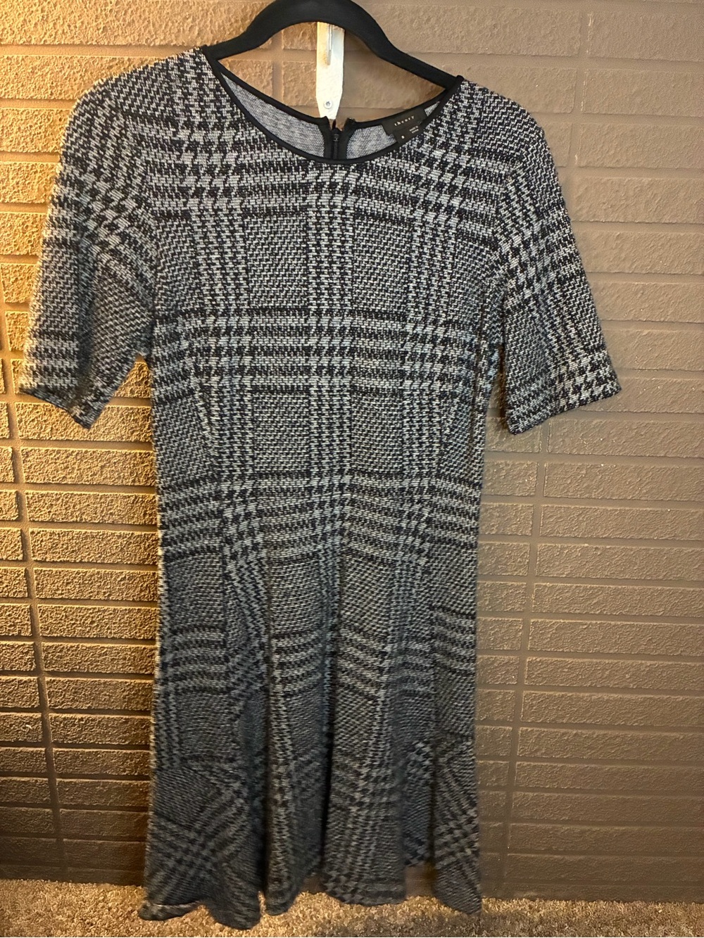 Theory Black and White Glen Plaid Fit-and-Flare Dress
